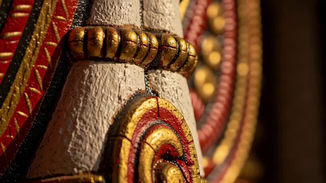Detailed close-up of vibrant traditional carvings on a Rathayatra chariot showcasing intricate gold red and white patterns for the Lord Jagannath fest, rath yatra rathyatra festival