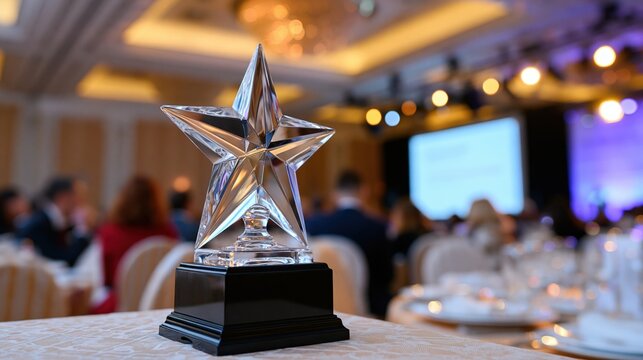 Crystal star award on a table at a formal event with blurred background