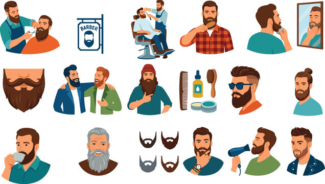 Barber shop flat icons with bearded men grooming hair and professional styling accessory