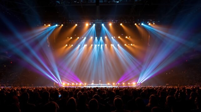 Large modern awards stage illuminated by vibrant blue and orange spotlights for a packed event