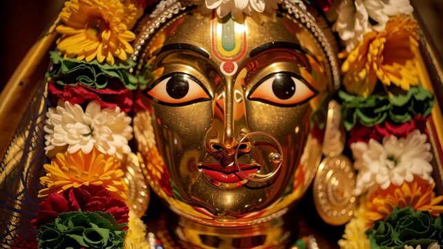 Close-up of adorned golden deity idol decorated with flowers during festival, rath yatra rathyatra festival