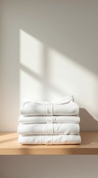Minimal stack of white shirts on a wooden shelf