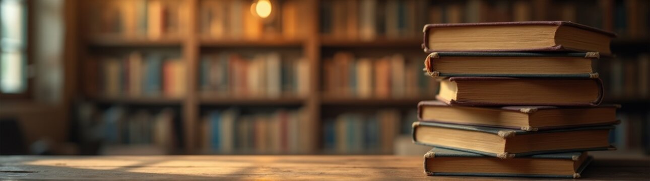 Books stacked on top of each other on a table in a library