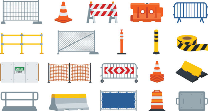 Road construction safety barriers and traffic control equipment collection in flat style