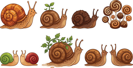 Cute Snail Vector Collection with Cartoon Garden Snails and Spiral Shell Designs for Nature and Wildlife Illustration Projects © MdTobarak
