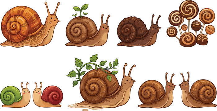 Cute Snail Vector Collection with Cartoon Garden Snails and Spiral Shell Designs for Nature and Wildlife Illustration Projects