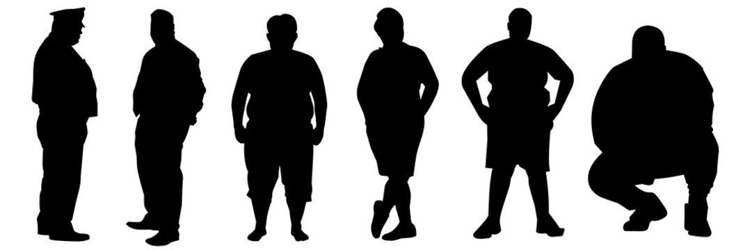 People silhouettes set with different body types. Minimalist vector illustration of overweight and big men. Professional silhouette collection of various human poses and sizes