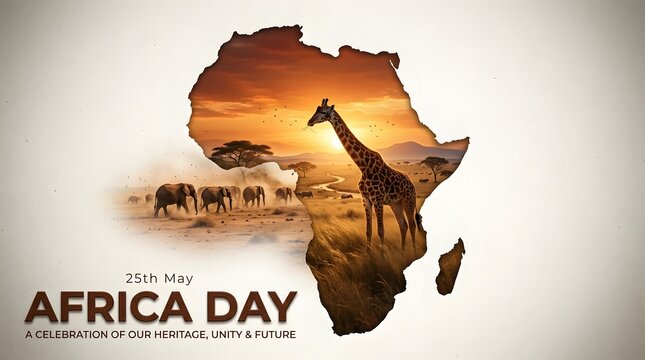 africa continent shaped poster with giraffe and elephants at sunset
