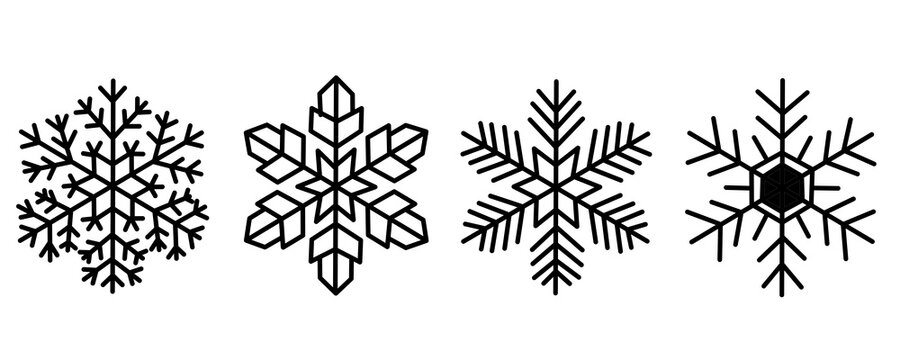 Snowflake collection set for winter design. Minimalist vector illustration of various snow crystal shapes. Christmas and holiday decorative elements. Geometric snowflake icon set