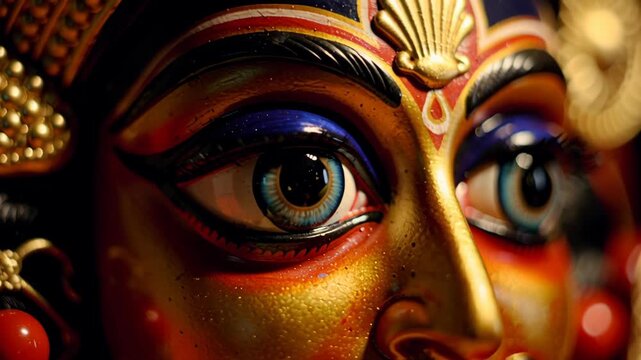 Close-up of a traditional Indian deity idol face in a colorful temple setting, rath yatra rathyatra festival