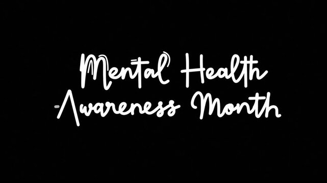 Mental health awareness month One line continuous animated typography intro outro animation video, hand drawn calligraphy lettering monoline vintage text line art white type on black background bg bac