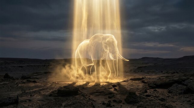 Elephant manifesting from divine golden light in a barren wilderness. Biblical creation of animal life on earth. Spiritual emergence and divine origin concept with glowing ethereal energy.