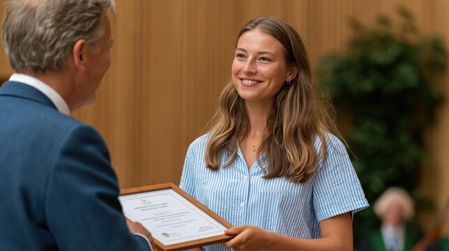 Professor congratulates a smiling student receiving an award at a university ceremony