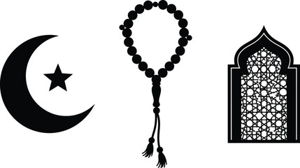Islamic crescent star prayer beads and ornate decorative arch door vector. © Mst Insanara Begum