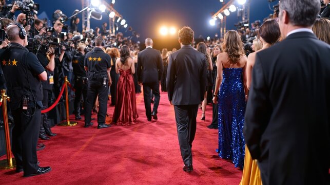 Chic attendees walking red carpet at an elegant awards ceremony