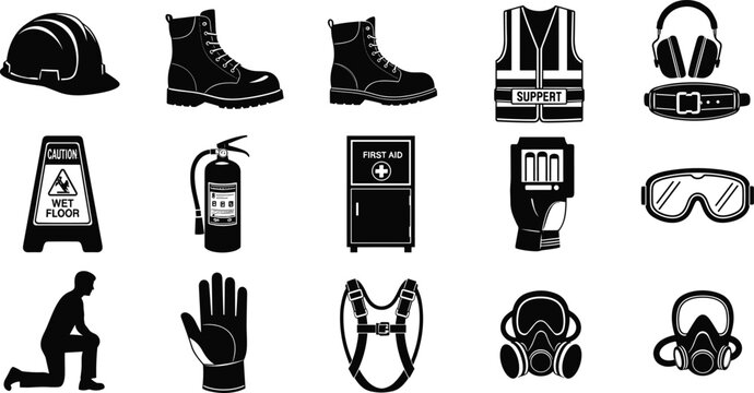 Industrial Personal Protective Equipment PPE Icon Set Featuring Hard Hat Safety Boots High Visibility Vest Respirator Mask Goggles Fire Extinguisher and First Aid Kit Silhouettes