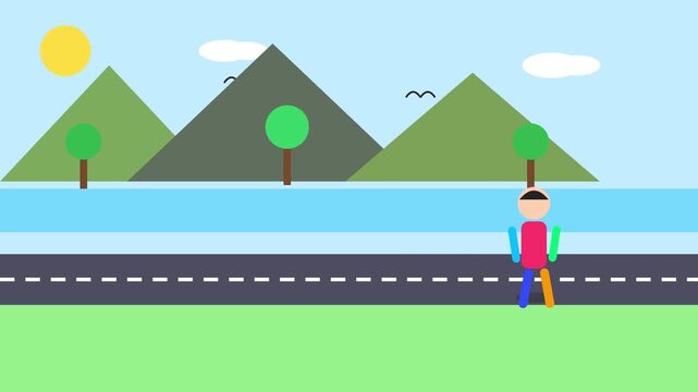 Minimalist 2D flat animation of a person walking on a road, scenic mountain landscape with river background, simple geometric nature illustration