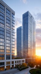 Fototapeta premium City skyline at sunset, urban landscape, modern architecture, business district view.