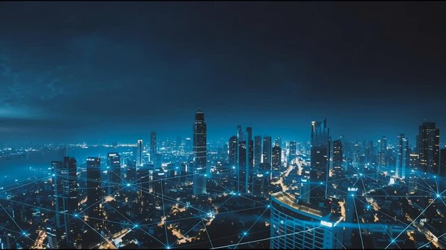 Smart city with connection network reciprocity over the cityscape social media networking systems that connects on the peak of success amid tall, innovative Smart city and graphs with statistics
