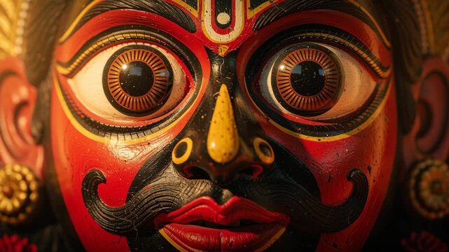 Close-up of traditional wooden idol face representing Indian deity Jagannath rath yatra rathyatra festival