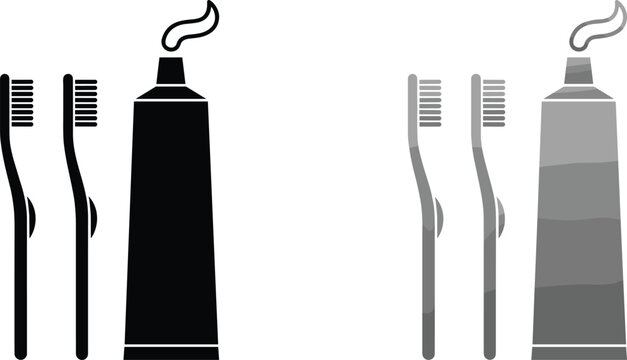 Toothbrush and toothpaste tube vector silhouette icon set in black and gray variations for dental clinic branding health care infographic designs.