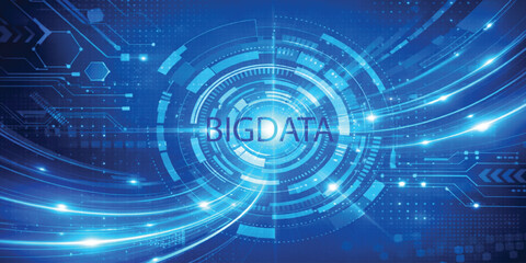 Fototapeta premium Big data technology background with blue digital circular interface, data streams and network connections, analytics, cloud computing and futuristic tech concept