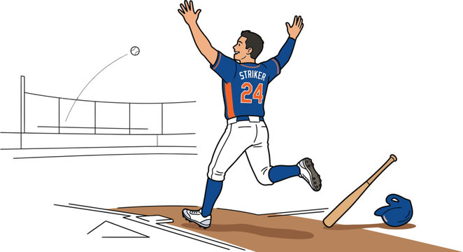 Excited baseball player running bases after hit with baseball sport game athlete victory joy excitement uniform team