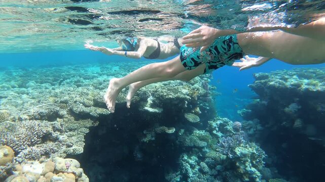 A mother and son swim over a coral reef, exploring the underwater world of the Red Sea. Sunlight filters through surface, creating bright patterns. High quality 4k footage