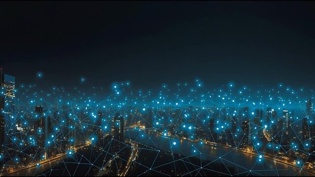 Smart city with connection network reciprocity over the cityscape social media networking systems that connects on the peak of success amid tall, innovative Smart city and graphs with statistics