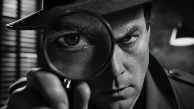 Vintage Noir Detective Looking Through Magnifying Glass Close Up