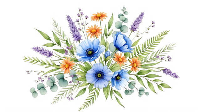 Vibrant bouquet of blue cornflowers and lavender blooms