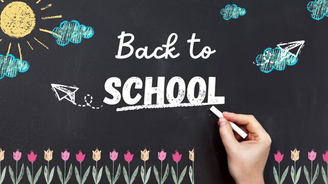 Chalkboard animation featuring hand drawing back to school message with fun doodles.