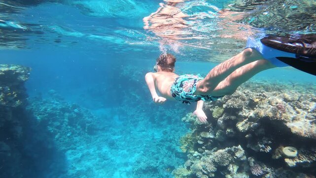 Underwater world shines with vibrant blue clarity. Person glides gently through crystal-clear water. Coral reef sprawls beneath, rich and textured. Sunlight breaks the surface