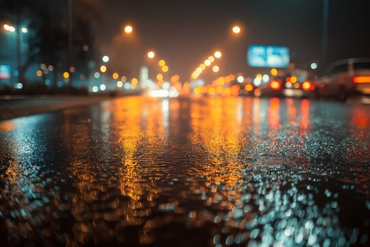 Blurred city lights reflected on wet asphalt during nighttime rain, creating cinematic urban street scene atmosphere, capturing vibrant city life and moody high-quality photography.