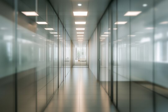 Blurred office hallway with glass walls and neutral tones, creating spacious modern environment, ideal for professional backgrounds in text, banners, posters, and web design.