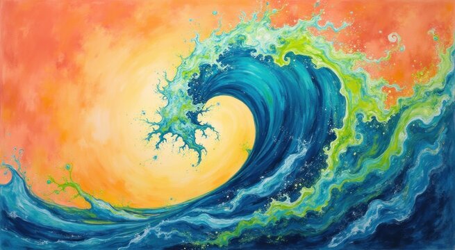 Painting of a large wave breaking in the ocean with a bright orange sky