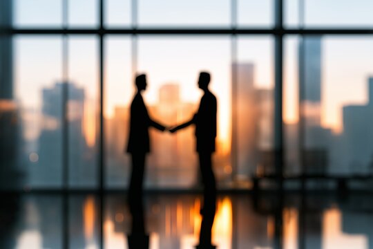 Business agreement concept featuring blurred silhouettes of professionals shaking hands near a large office window, with soft-focus cityscape in the background,  