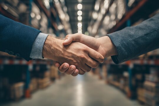 Business handshake inside a warehouse surrounded by storage racks and cargo boxes, symbolizing supply chain partnership, logistics agreement, distribution collaboration,  
