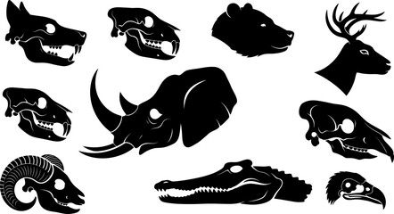 Compilation of ten black silhouette animal skulls and heads isolated on white background © PIXAVIVE
