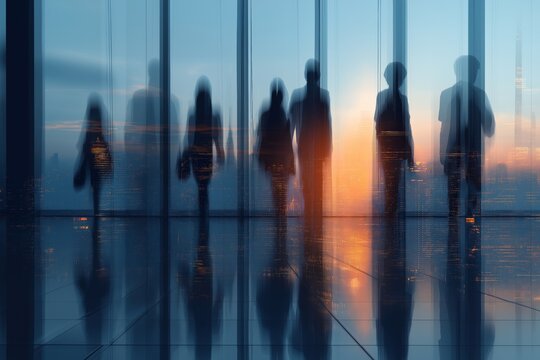 Blurred people walking through a modern glass building interior, conveying motion, business activity, and contemporary corporate architecture in a bright professional environment.