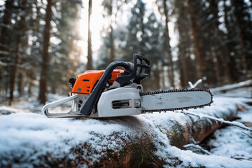 Fototapeta premium Close-up of chainsaw cutting through wooden logs with flying sawdust and sparks, capturing dynamic woodcutting action during timber processing in an outdoor work environment.