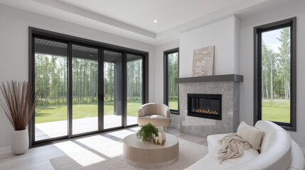 Fototapeta premium Cozy living room with fireplace and large windows at home, warm lifestyle, comfort living, relaxing interior.