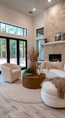 Fototapeta premium Cozy living room with fireplace and large windows at home, warm lifestyle, comfort living, relaxing interior.