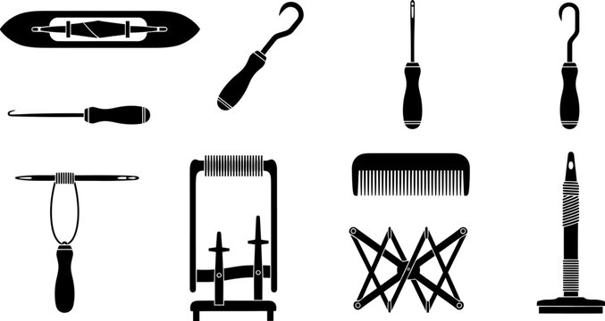 Collection of textile weaving tools and crafting implements silhouettes