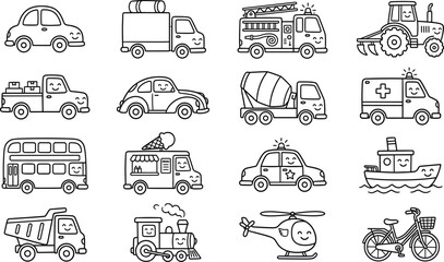 Set of transportation and logistics icons featuring silhouettes of vehicles, commercial trucks, public transit, and emergency services for urban mobility..eps, © yousuf