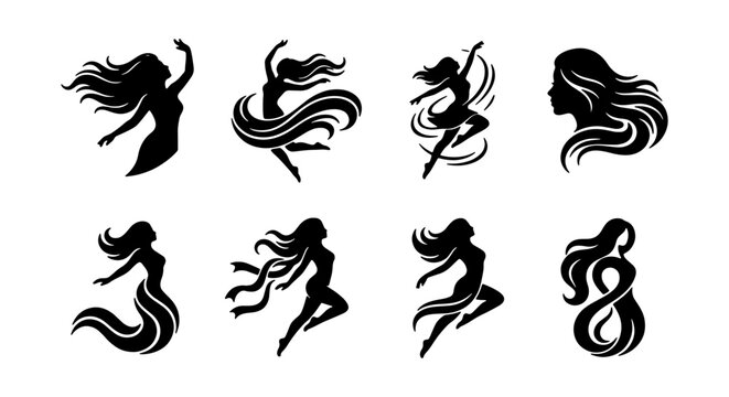 Dynamic female silhouettes, elegant women with flowing hair, graceful dancing figures, vector set