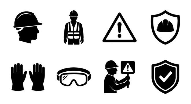 Industrial safety equipment vector icons, worker protection gear, construction site PPE symbols