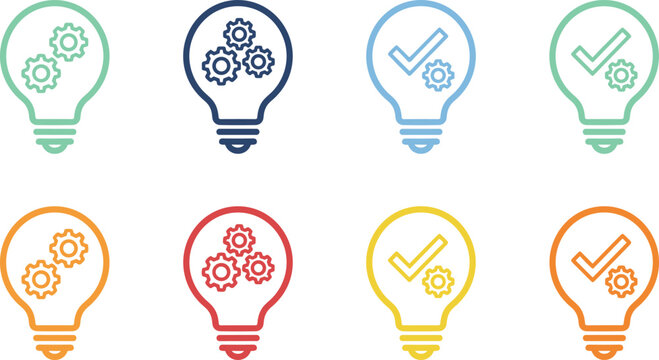 Colorful Lightbulb Icon Set with Gears and Checkmarks Representing Innovation, Business Process Optimization, Strategic Thinking, and Creative Solution Execution for Web Projects