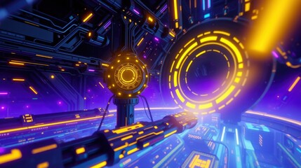 Fototapeta premium Futuristic interior, vibrant neon lights, complex circuitry. Dark background emphasizes glowing lines, creating immersive space.