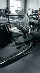 Fototapeta premium Mechanic installing a new car windshield in an auto shop. Professional technician replacing vehicle glass using suction cups. Automotive maintenance, repair service and safety glass concept.